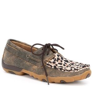 Twisted X leopard print lace up driving mocs, like new!